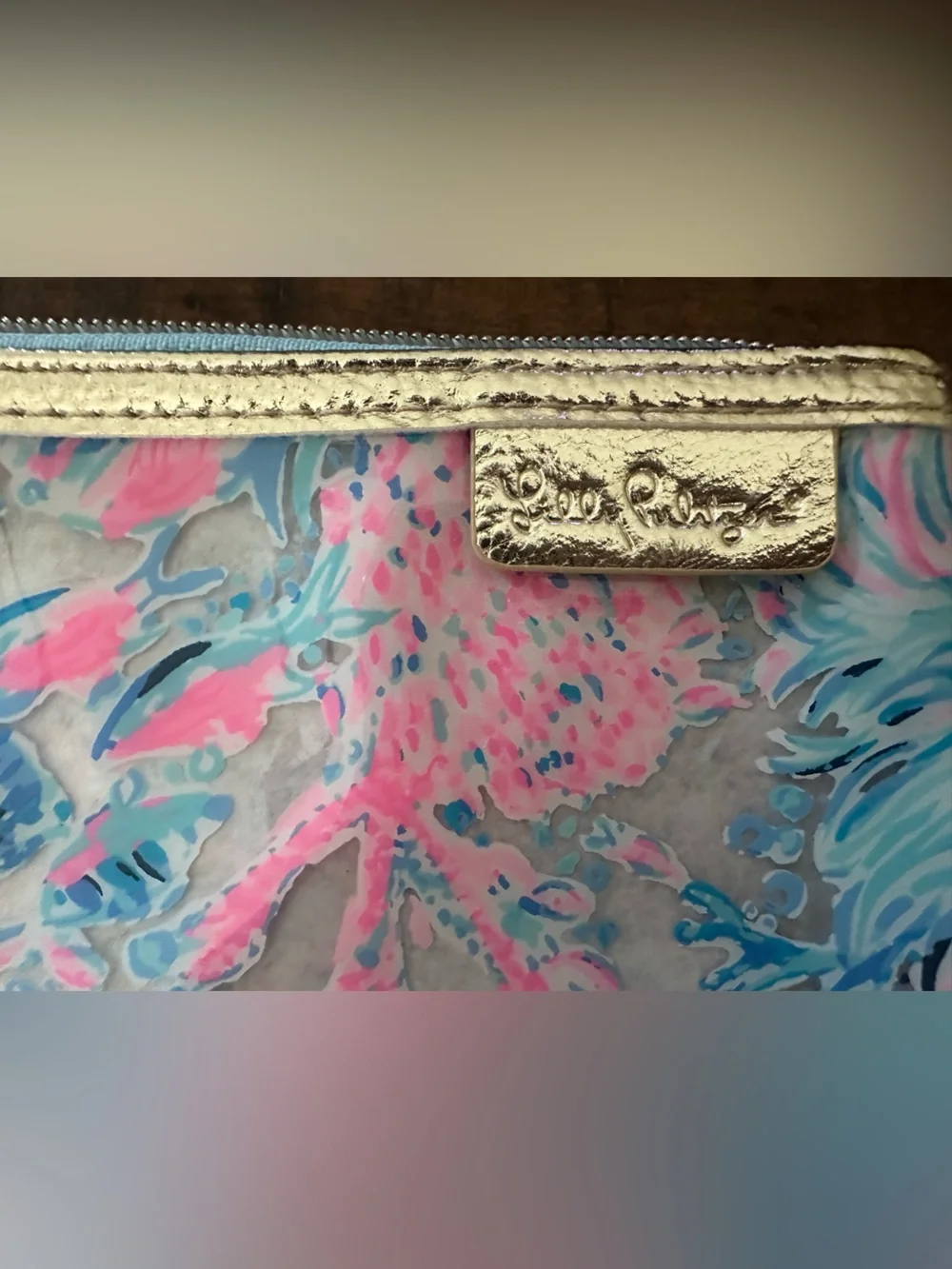 Lilly Pulitzer Pink & Blue Coral Floral Cosmetic Pouch with Gold Zipper